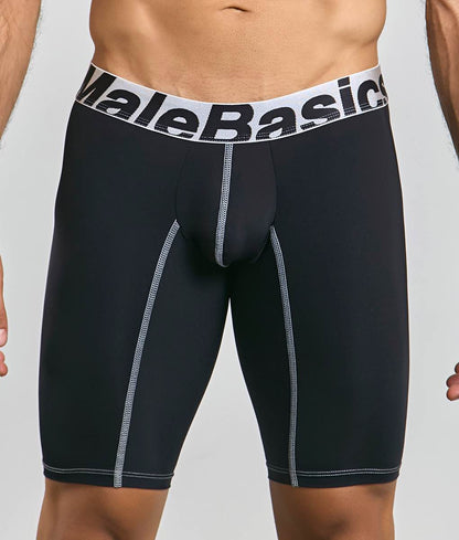 Black malebasics microfiber athletic boxer briefs with white elastic waistband and silver seam stitching