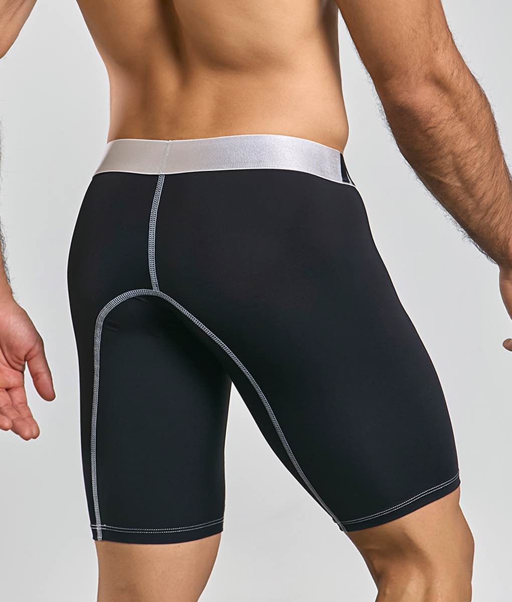 Black microfiber athletic boxer shorts by malebasics with silver waistband and matching stitching details