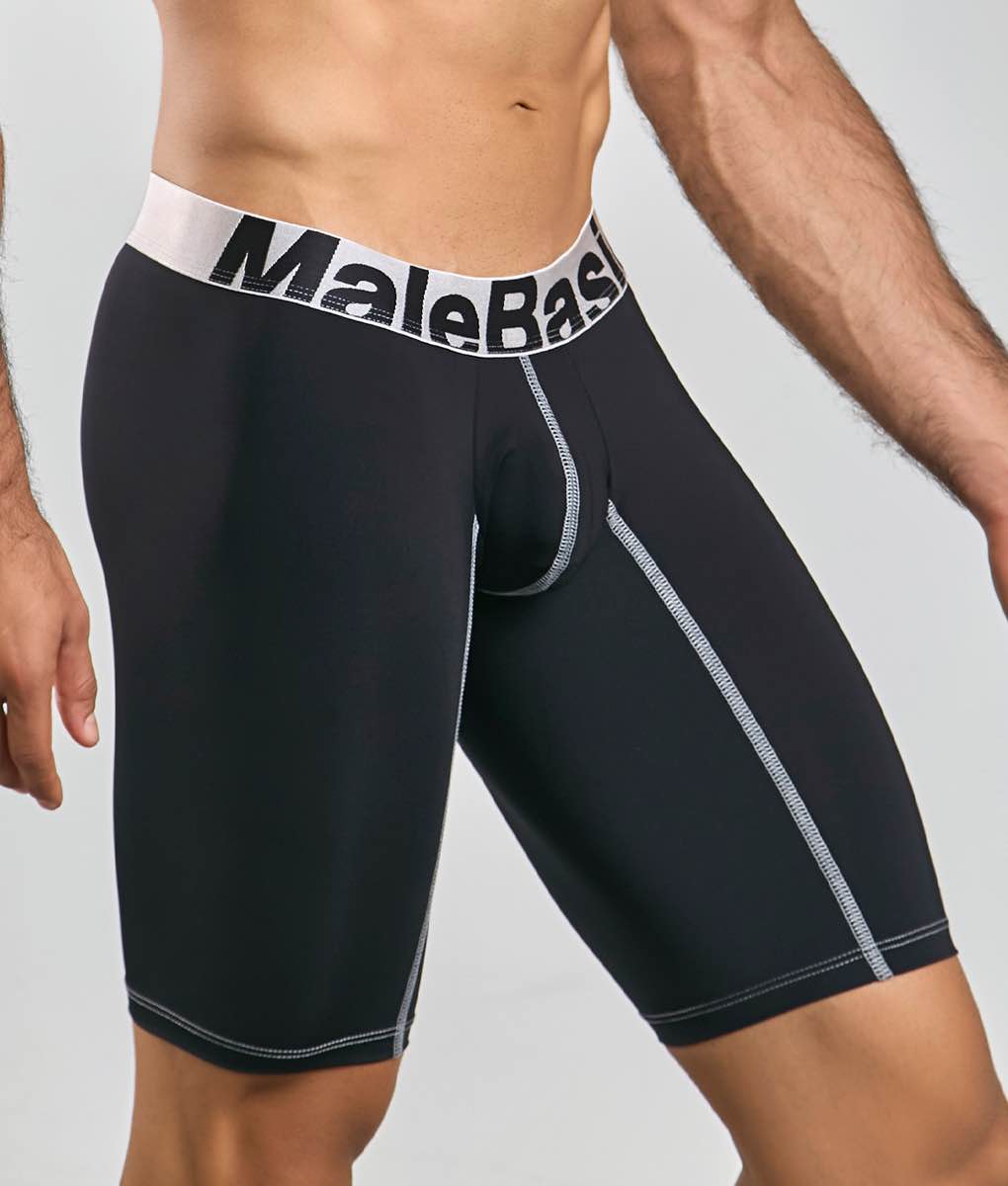 Male basics microfiber athletic boxer black with white branded waistband and gray side stitching for men
