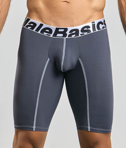 Dark gray malebasics microfiber athletic boxer briefs with white elastic waistband and silver stitching