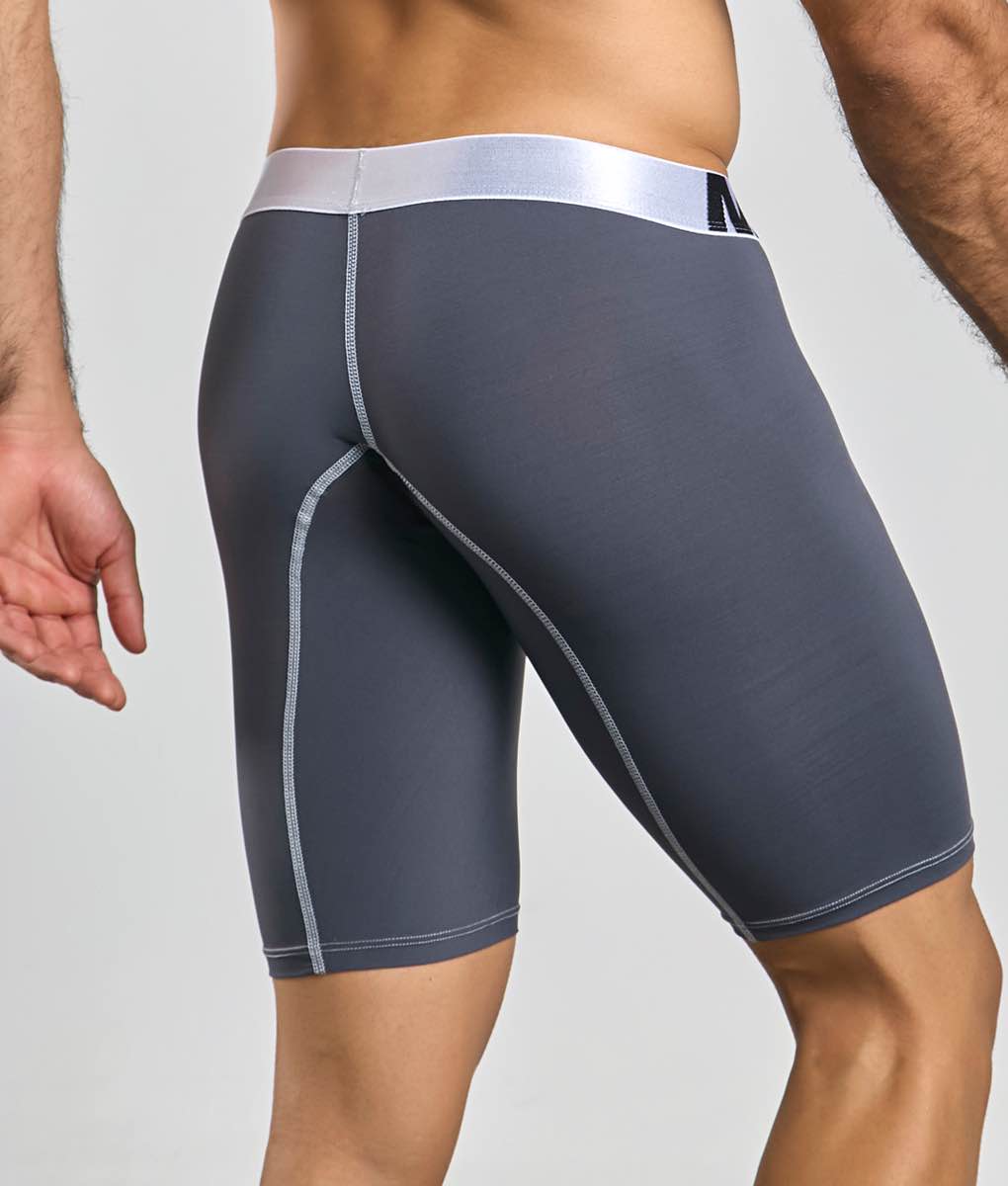 Malebasics microfiber athletic boxer featuring dark gray shorts with silver waistband and stitching along seams