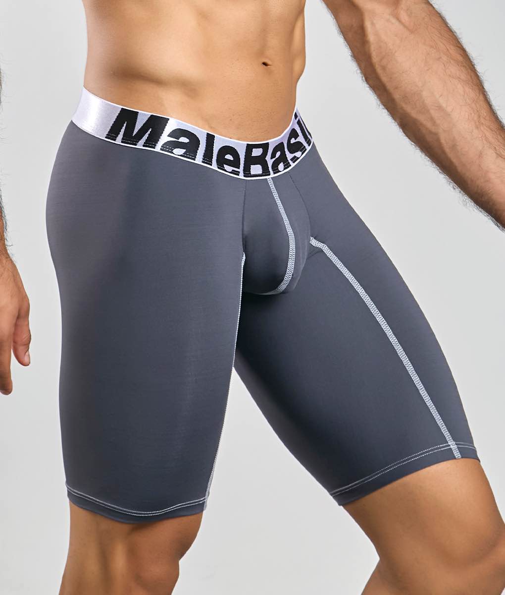 Gray MaleBasics microfiber athletic boxer briefs with white elastic waistband black lettering and silver seam stitching