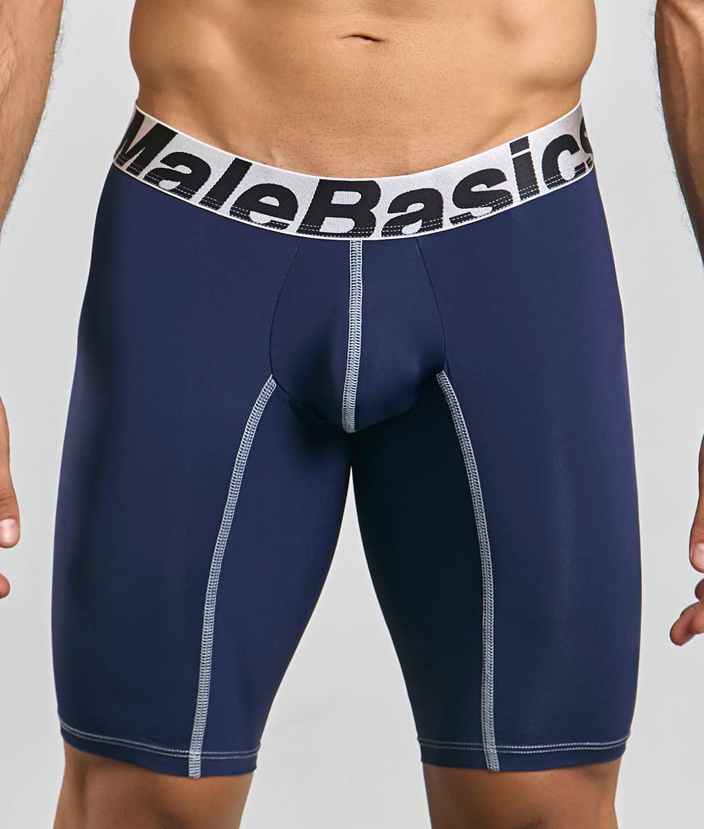 Navy blue malebasics microfiber athletic boxer briefs with white elastic waistband and contrasting silver stitching