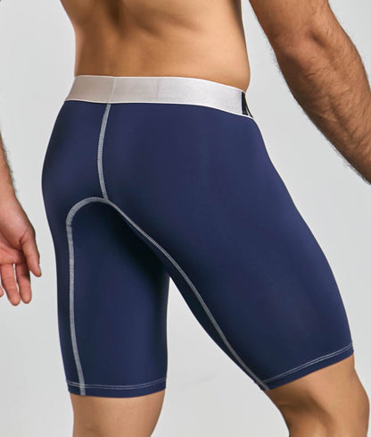 Malebasics microfiber athletic boxer in navy blue with white elastic waistband and subtle gray stitching along seams