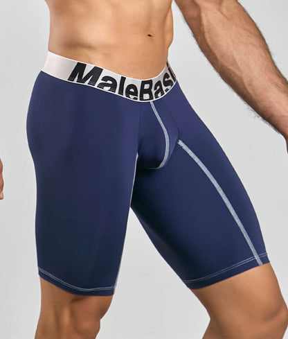 Navy blue malebasic microfiber athletic boxer briefs with white elastic waistband and silver stitching details