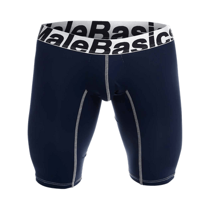 Navy blue male basics microfiber athletic boxer briefs with white elastic waistband and contrasting stitching