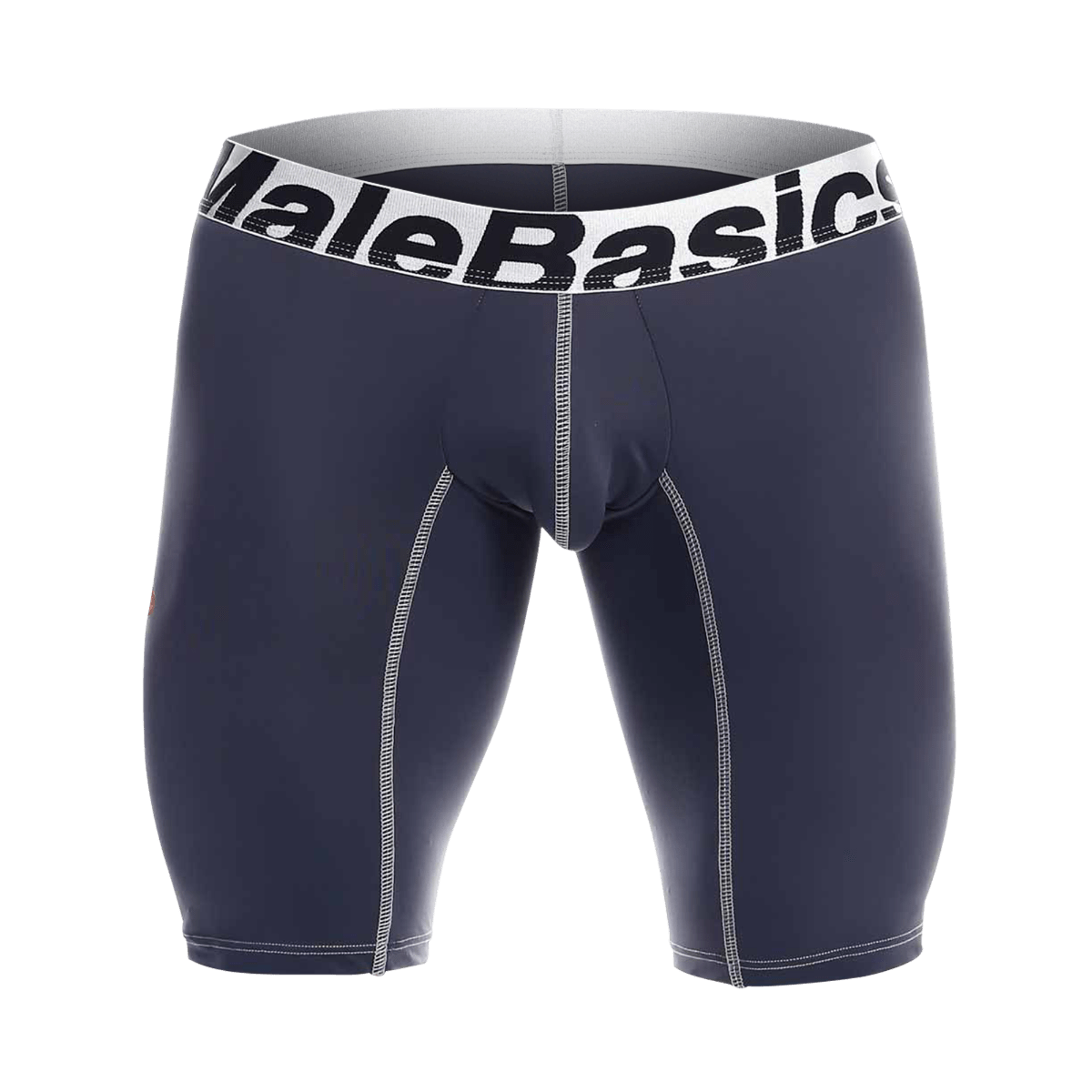 Malebasics microfiber athletic navy blue boxer briefs with white elastic waistband and contrasting stitching