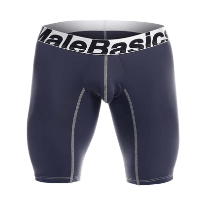 Malebasics microfiber athletic navy blue boxer briefs with white elastic waistband and contrasting stitching