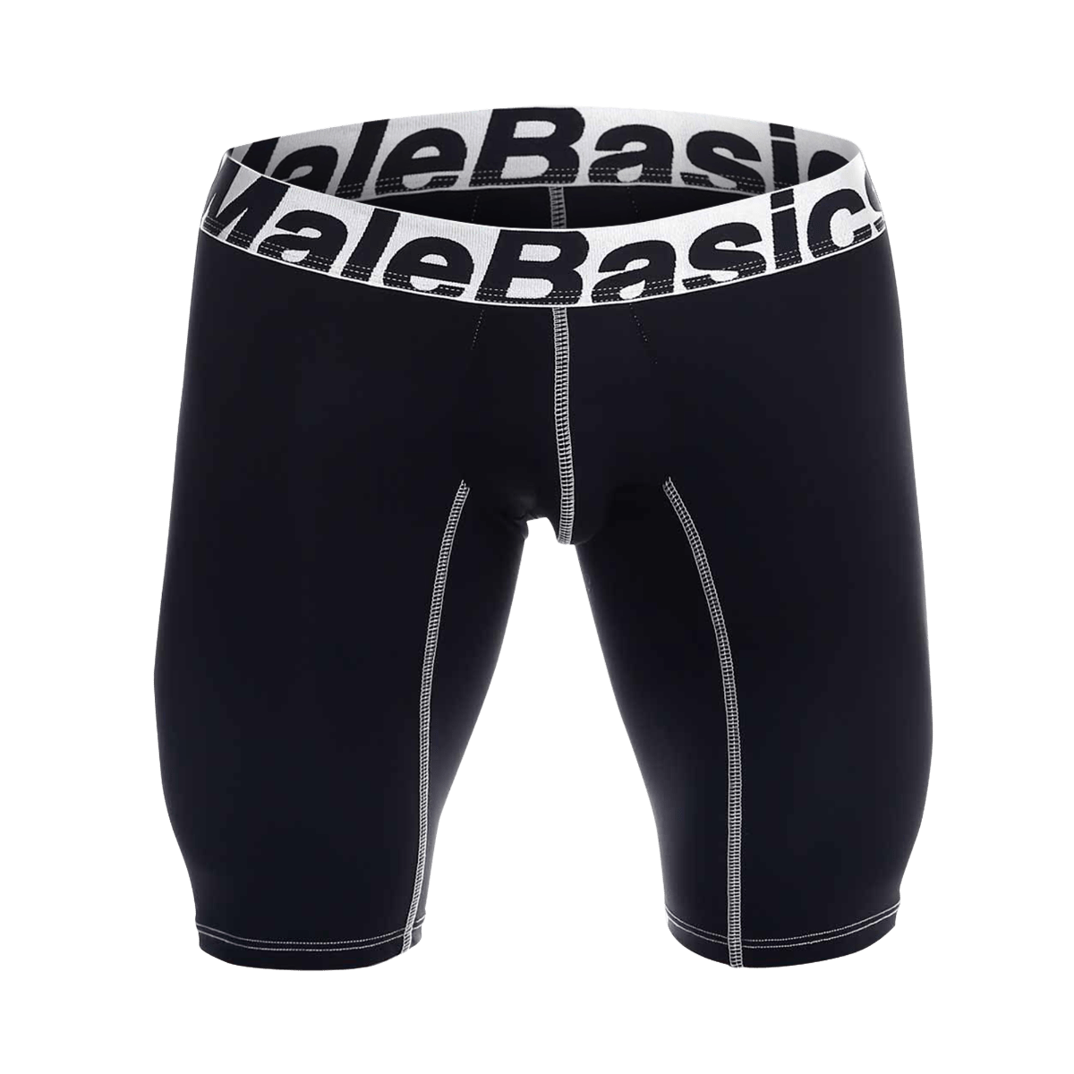 Black malebasics microfiber athletic boxer compression shorts with white elastic waistband and contrast stitching