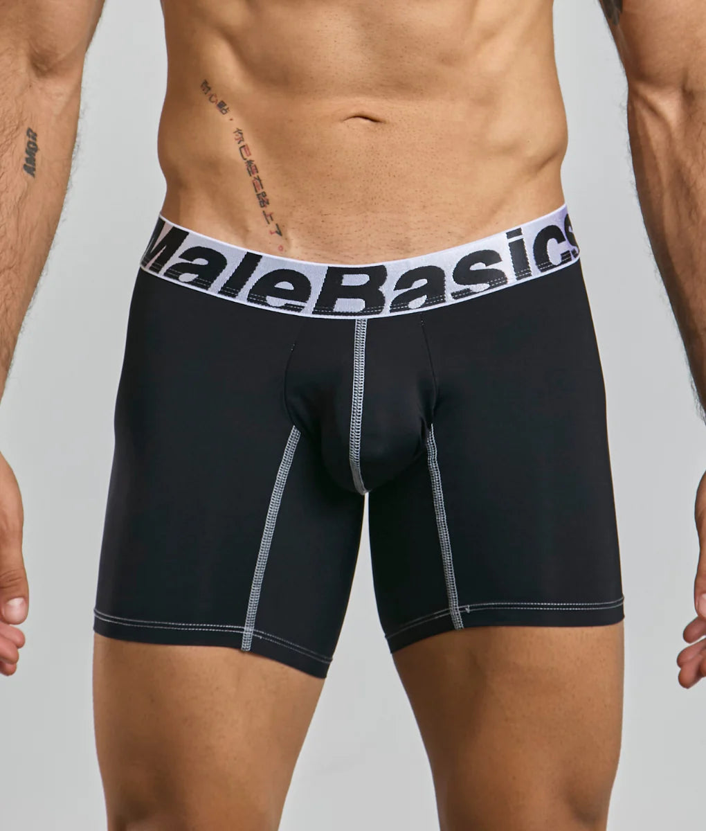Black malebasics microfiber boxer briefs with white elastic waistband and silver stitching for comfortable wear