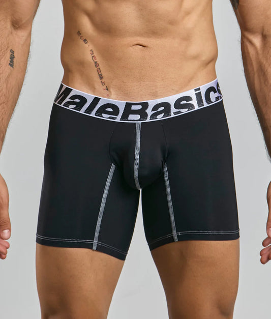 Black malebasics microfiber boxer briefs with white elastic waistband and silver stitching for comfortable wear