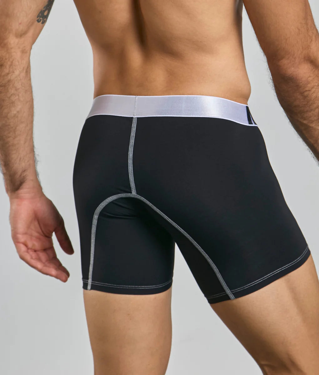 Black microfiber MaleBasics athletic boxer briefs with silver waistband and matching stitching details