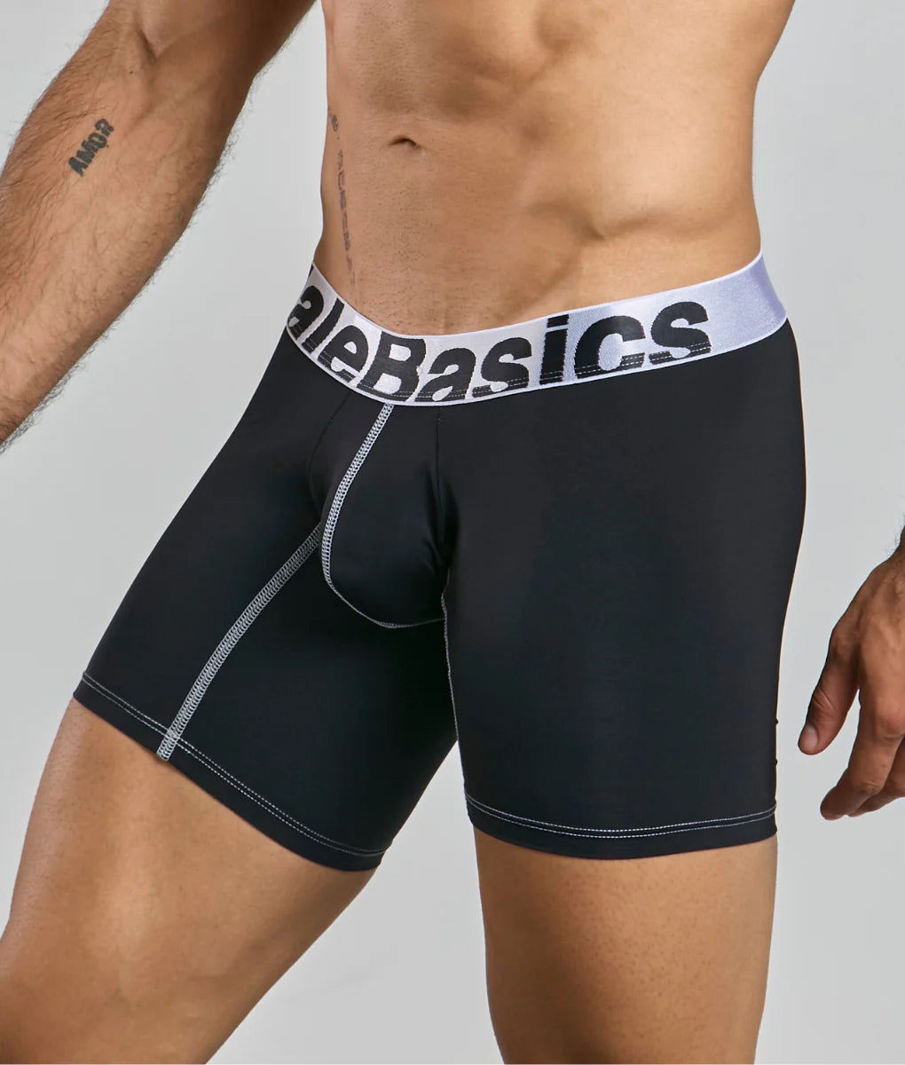 Black men’s microfiber boxer briefs with white elastic waistband and alebasics logo for comfortable daily wear