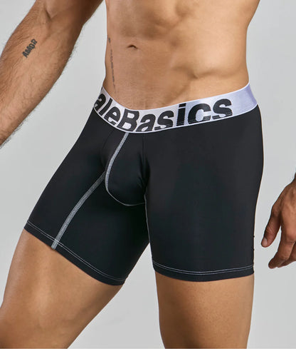 Black men’s microfiber boxer briefs with white elastic waistband and alebasics logo for comfortable daily wear