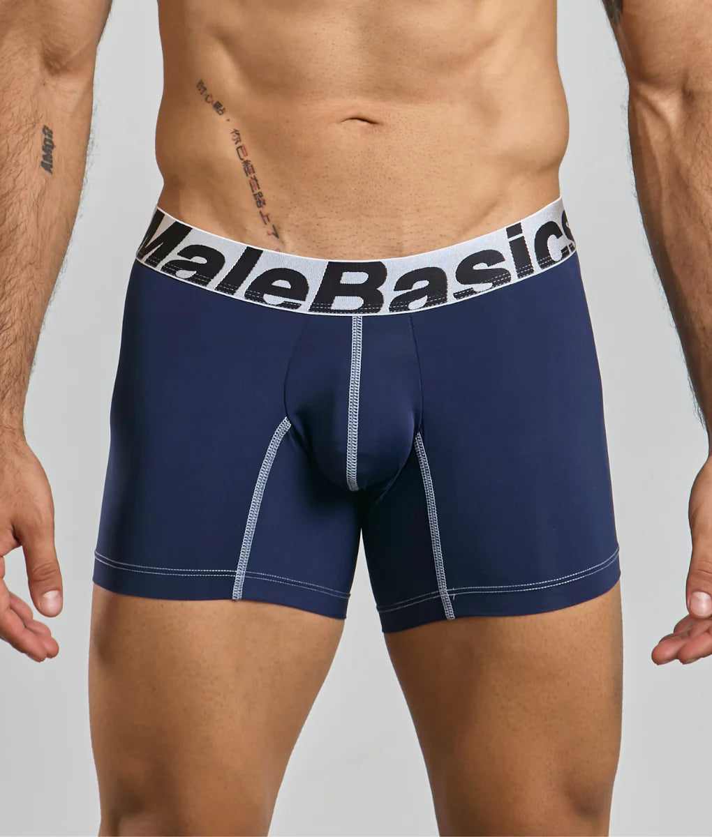 Navy blue malebasics microfiber boxer briefs with white elastic waistband and light gray stitching front view