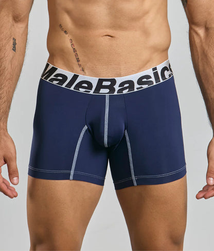 Navy blue malebasics microfiber boxer briefs with white elastic waistband and light gray stitching front view