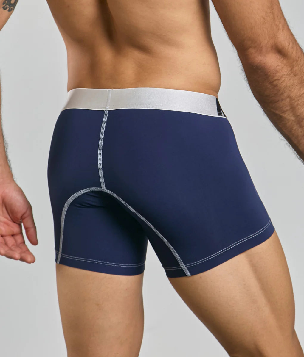 MaleBasics microfiber navy blue boxer briefs with white waistband and matching stitching details for comfortable wear