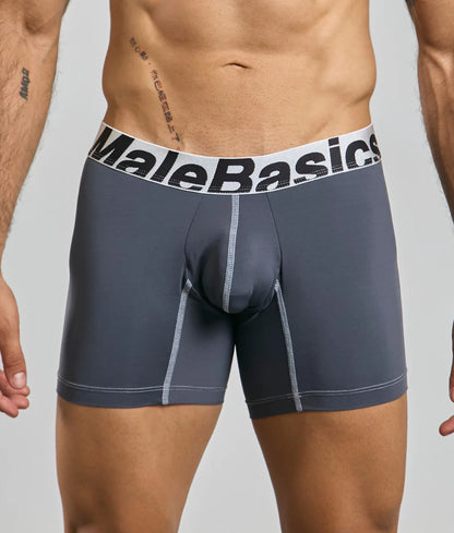 Gray malebasics microfiber boxer briefs with white waistband black lettering and subtle gray side stitching front view