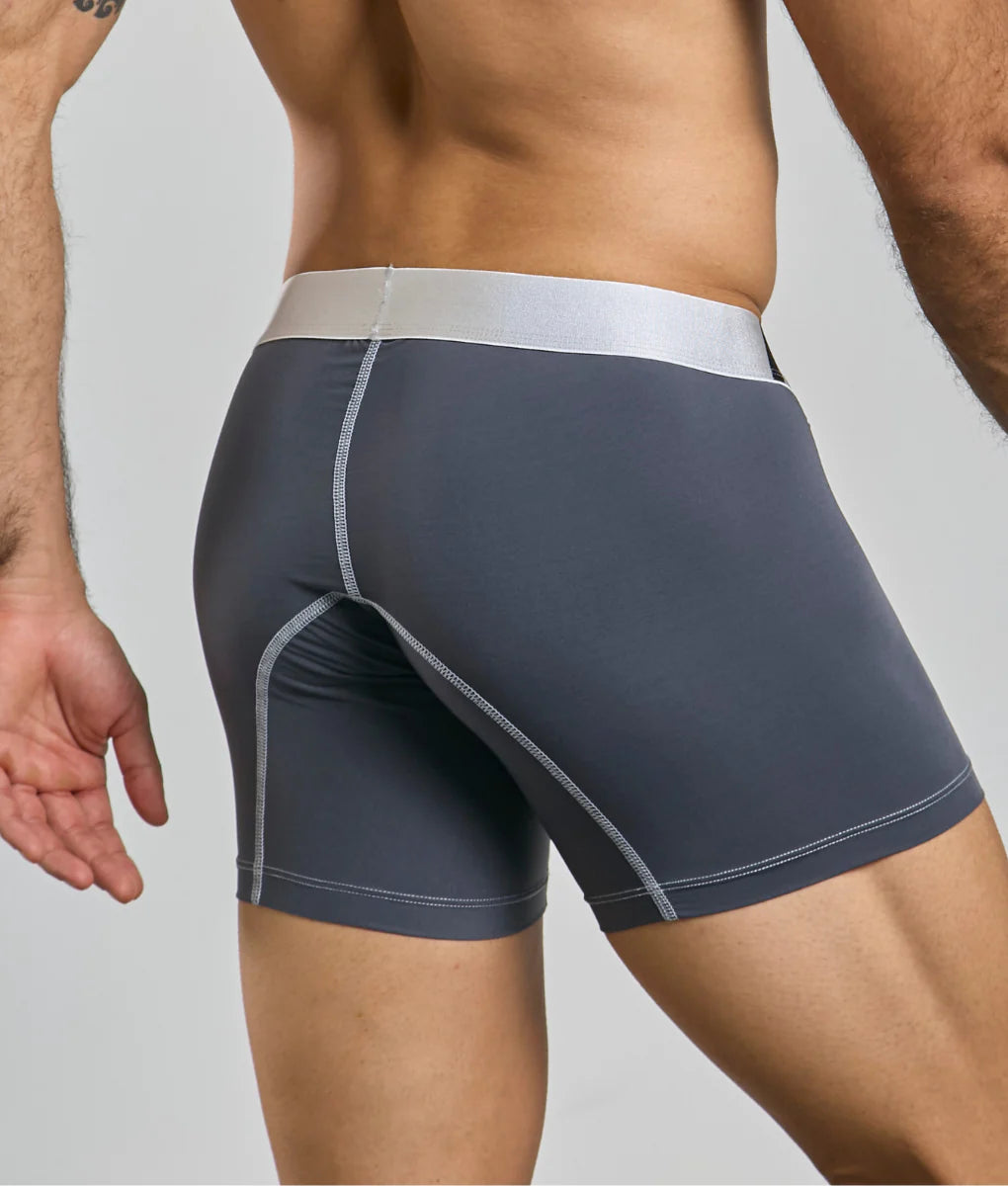 Dark gray malebasics microfiber boxer brief with contrasting silver waistband and matching stitching designed for athletic use