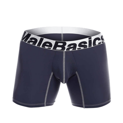 Navy blue malebasics microfiber boxer briefs with white waistband black lettering and light gray contrast stitching