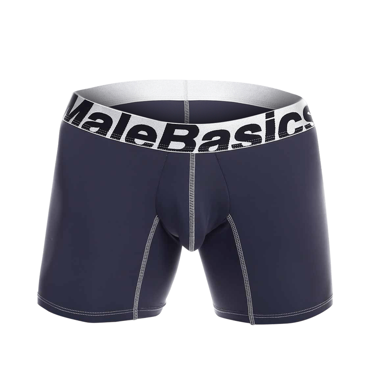 Navy blue malebasics microfiber boxer brief with white waistband black lettering and gray stitching along seams