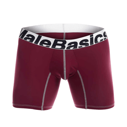 Maroon malebasics microfiber boxer brief with white waistband black branding and contrasting stitching front view