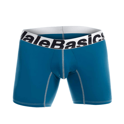 Teal malebasics microfiber boxer briefs with white waistband black lettering and light gray stitching along seams