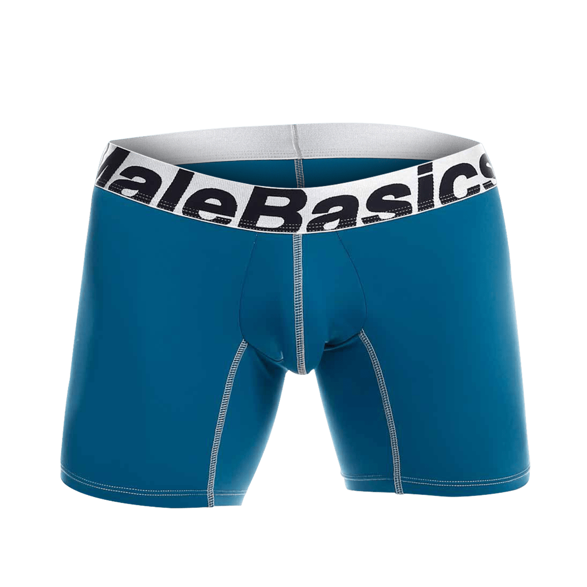 Teal malebasics microfiber boxer briefs with a white waistband black lettering and light gray stitching along the seams