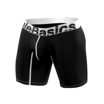 Black men’s microfiber boxer briefs with white elastic alebasics waistband and subtle white stitching on sides and hem