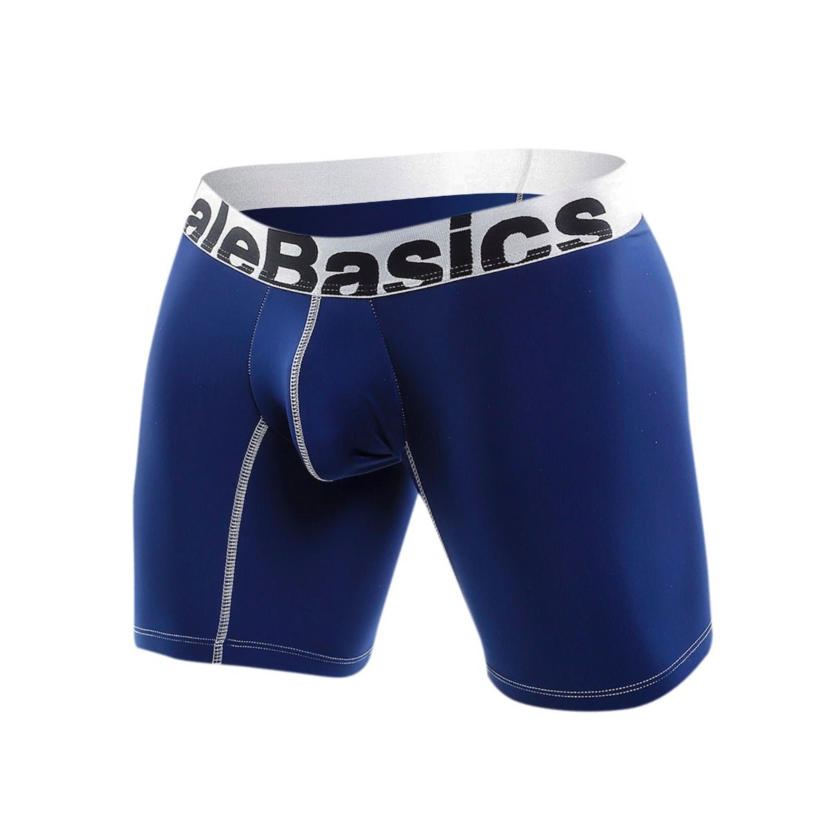 Malebasics microfiber boxer brief in blue with white waistband featuring alebasics logo and contrasting white stitching