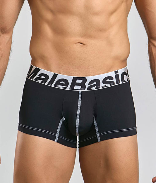 Black malebasics microfiber boxer briefs with white waistband bold black lettering and silver stitching along seams