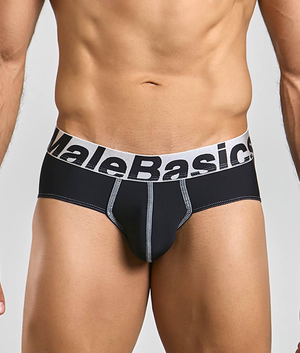 Black Malebasics microfiber briefs with white waistband bold black lettering and silver stitching detailing visible
