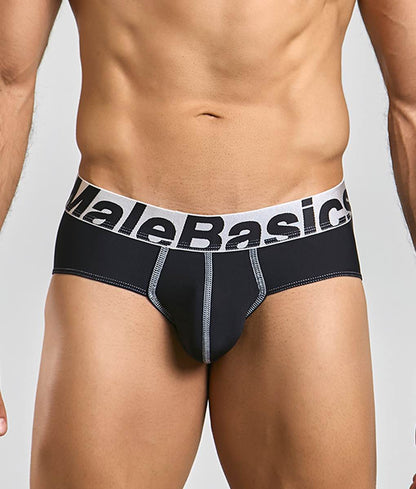 Black Malebasics microfiber briefs with white waistband bold black lettering and silver stitching detailing visible