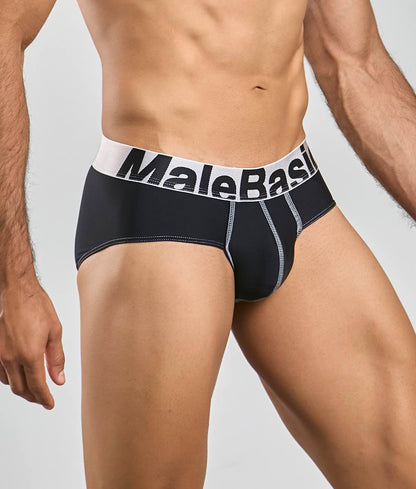 Malebasics microfiber brief in black microfiber with a white waistband featuring bold black lettering and silver stitching