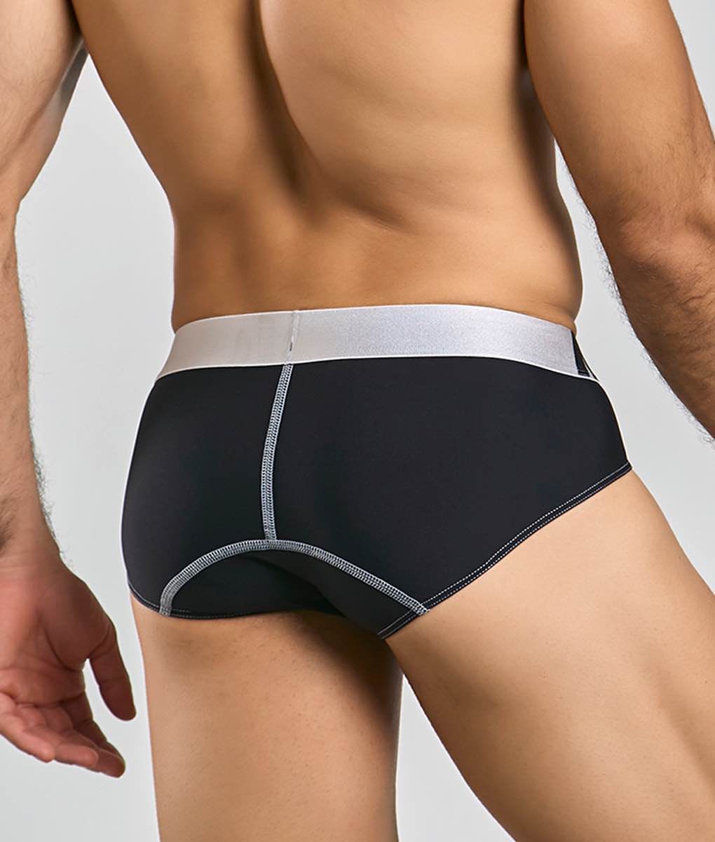 Black maleBasics microfiber briefs with silver waistband and matching stitching details for comfortable wear