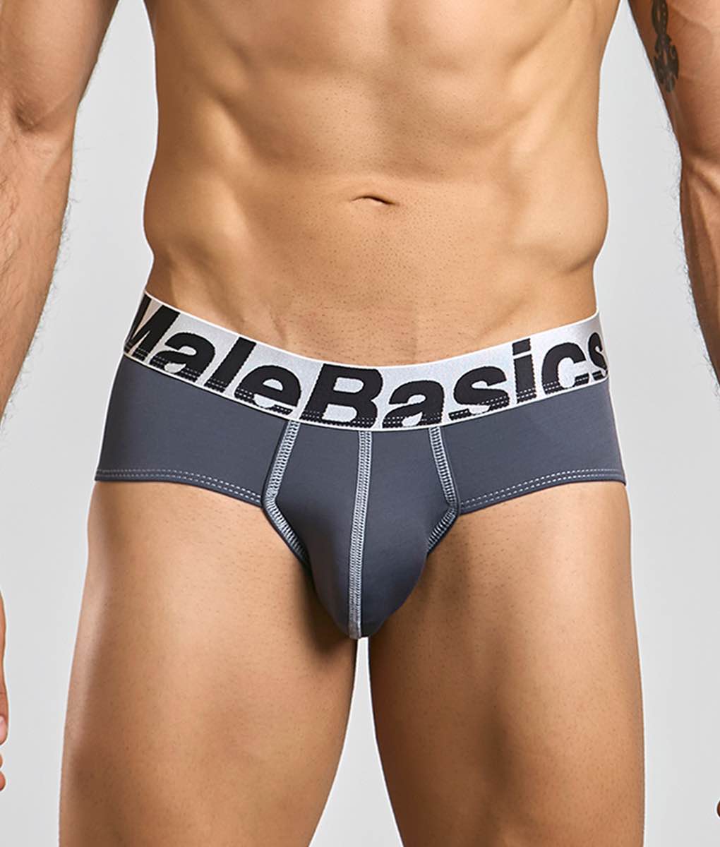 Gray malebasics microfiber brief with white waistband black lettering and subtle gray seam stitching front view