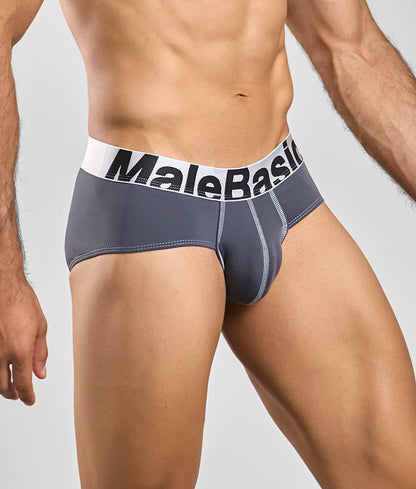 Gray malebasics microfiber briefs with white waistband and black lettering showing the front side of the product