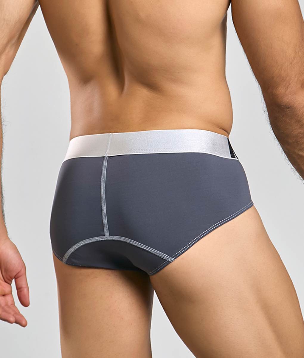 Gray maleBasics microfiber briefs with contrasting white waistband and subtle gray stitching for everyday comfort