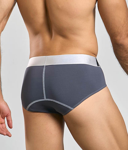 Gray maleBasics microfiber briefs with contrasting white waistband and subtle gray stitching for everyday comfort