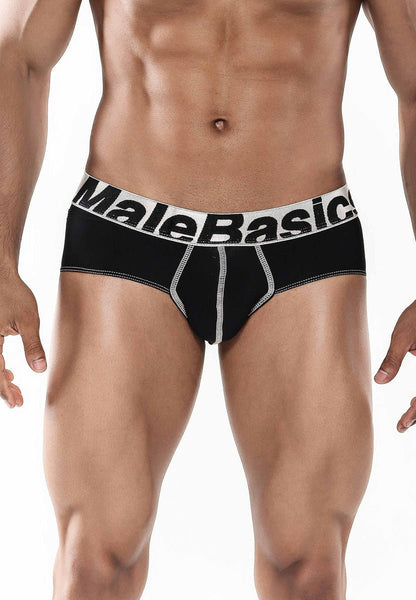 Malebasics microfiber brief black with white elastic waistband and silver stitching details showing front side
