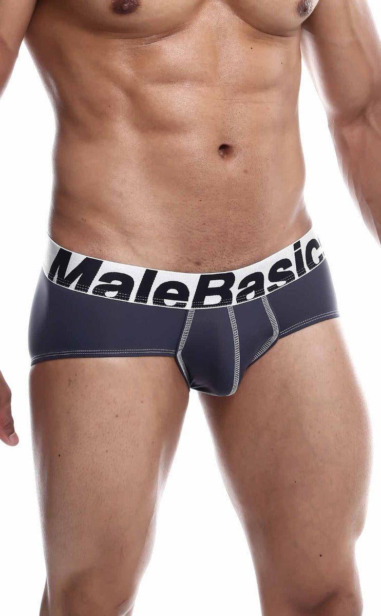 Dark gray malebasic microfiber brief with white waistband bold black lettering and silver stitching along seams