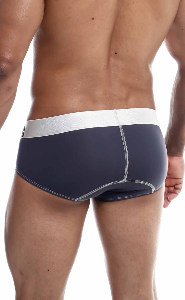 MaleBasics microfiber briefs in navy blue with white waistband and light gray seam stitching for comfortable wear