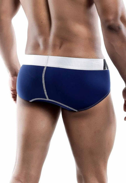 Navy blue MaleBasics microfiber briefs with white waistband and silver stitching along the seams