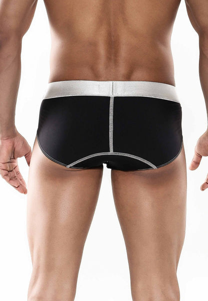 Black microfiber male basics micro brief with silver waistband and matching stitching details visible from the front