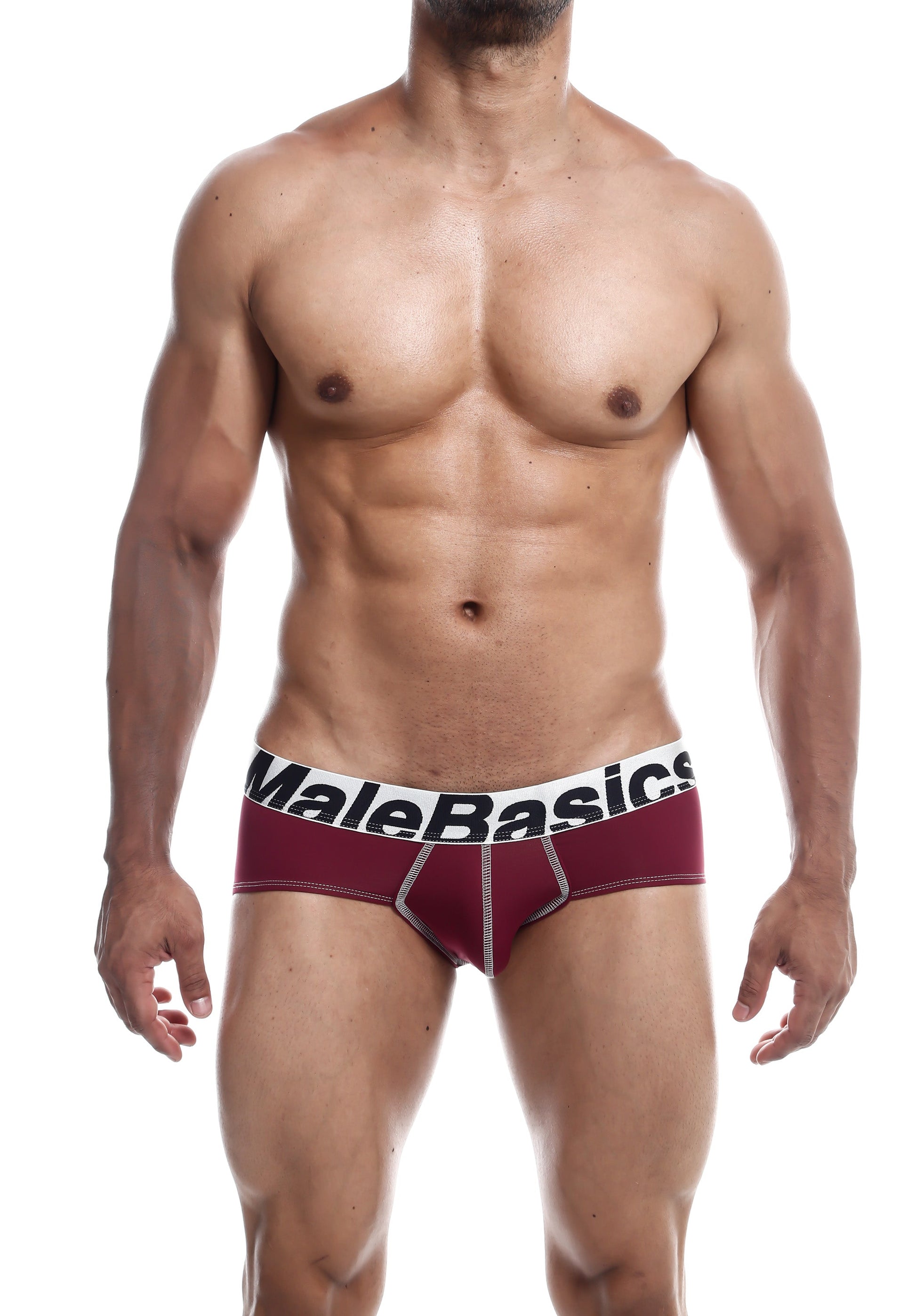 Malebasics microfiber briefs in maroon with white waistband black lettering and subtle silver stitching