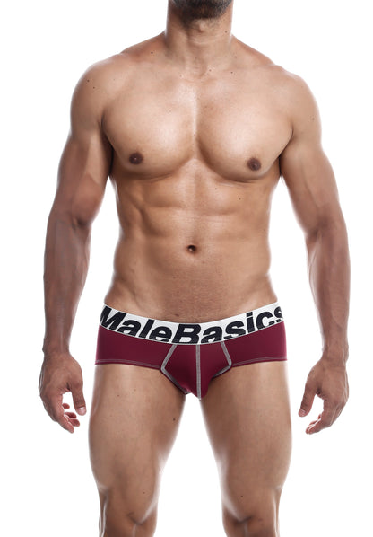 Malebasics microfiber briefs in maroon with white waistband black lettering and subtle silver stitching