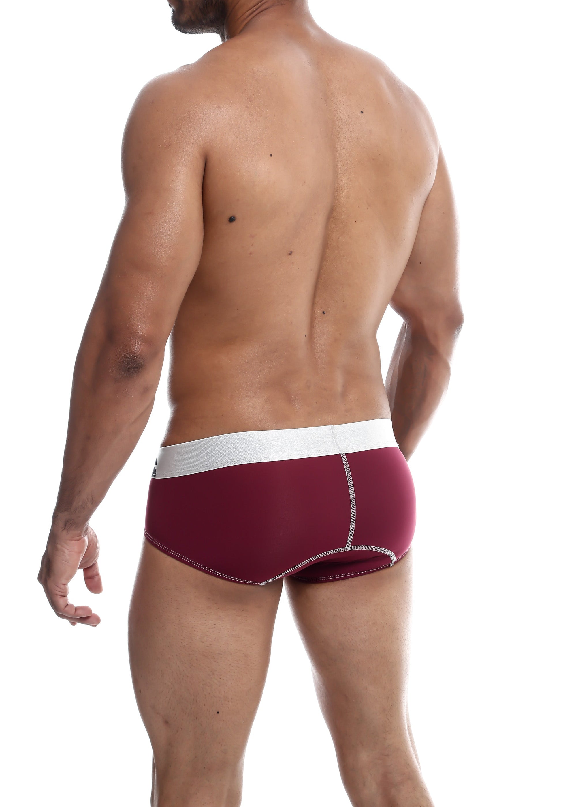Maroon maleBasics microfiber athletic briefs with white waistband and contrasting stitching front view