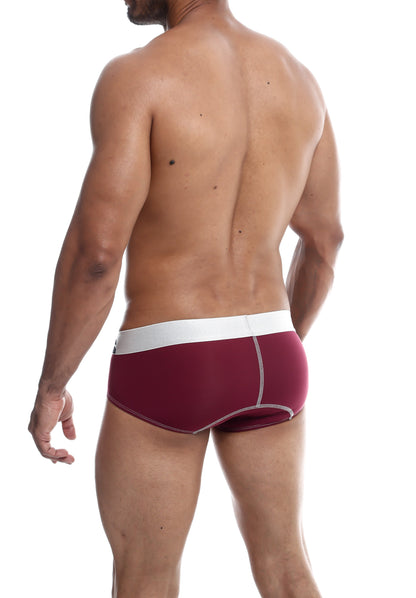 Maroon maleBasics microfiber athletic briefs with white waistband and contrasting stitching front view
