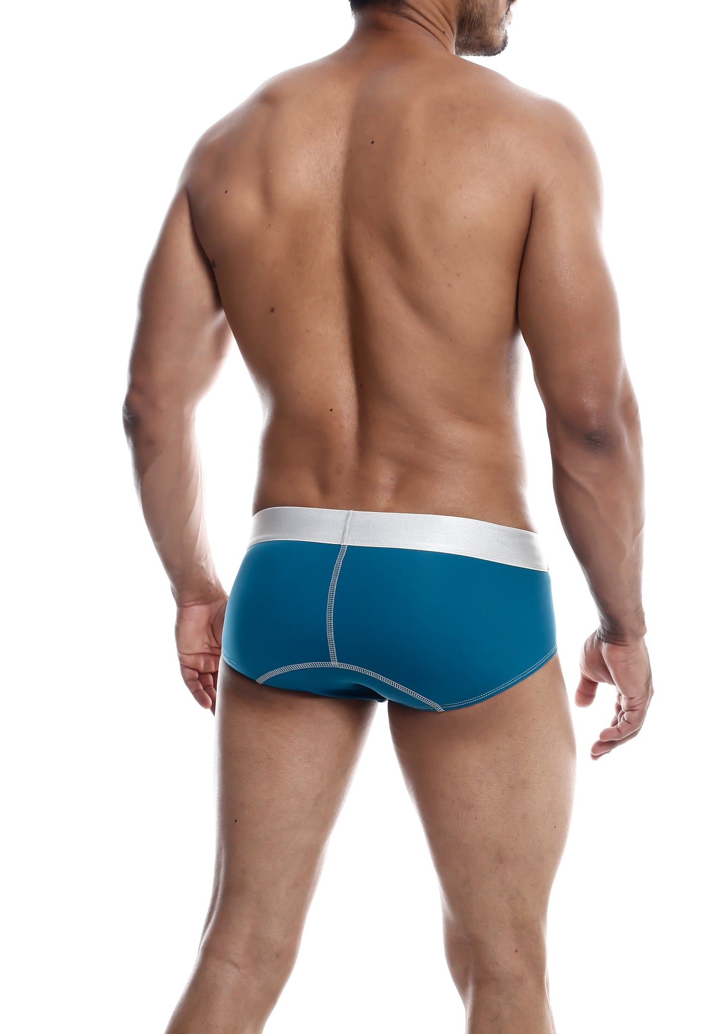 Blue male basics microfiber brief with white waistband and contrasting stitching in athletic style