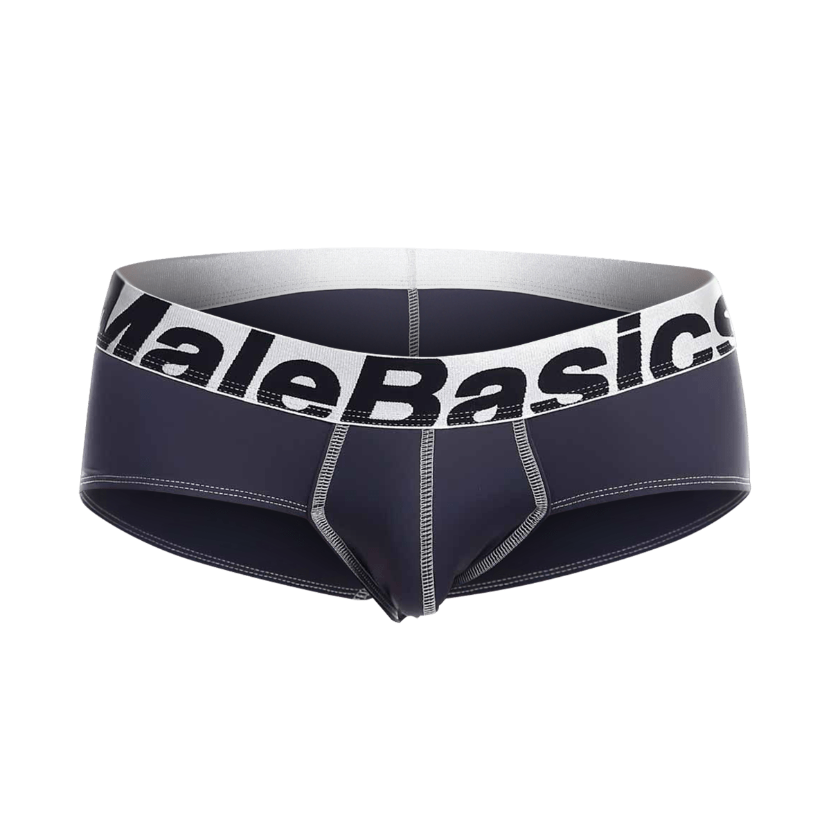 Dark navy blue malebasics microfiber briefs with white elastic waistband black lettering and silver stitching